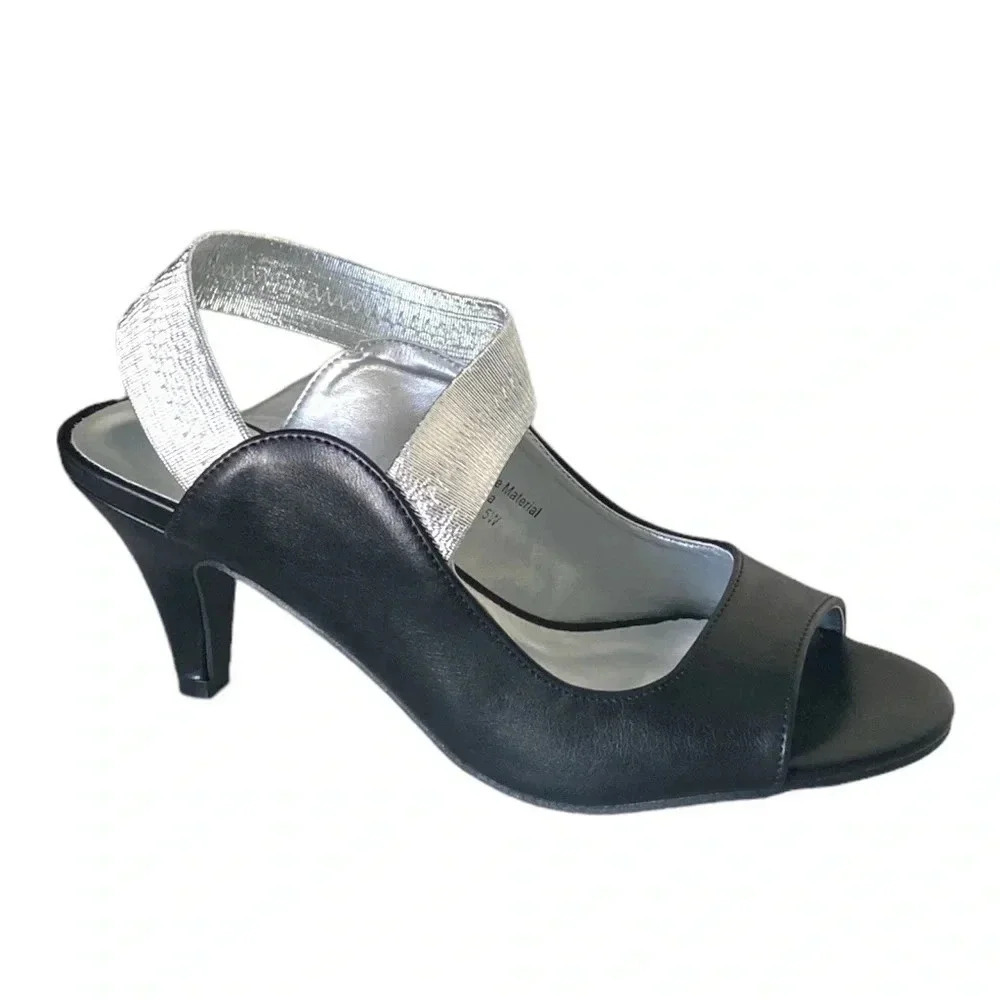 ANGEL STEPS* Women's Adult Abagail Open Toe Black Silver Slingback Dress Heels - Picture 2 of 5
